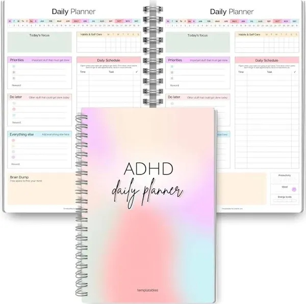 Templatables Adhd Daily Planner for Neurodivergent Adults - Productivity Daily Planner & Task Management to Stay Organized and Focused - A5 Pastel