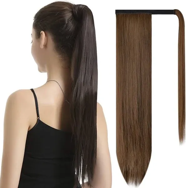 BARSDAR 26 inch Ponytail Extension Long Straight Wrap Around Clip in Synthetic Fiber Hair for Women - Dark Brown Mix Auburn Evenly