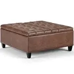 Harrison 36 in. Wide Transitional Square Coffee Table Storage Ottoman in Distressed Black Faux Leather