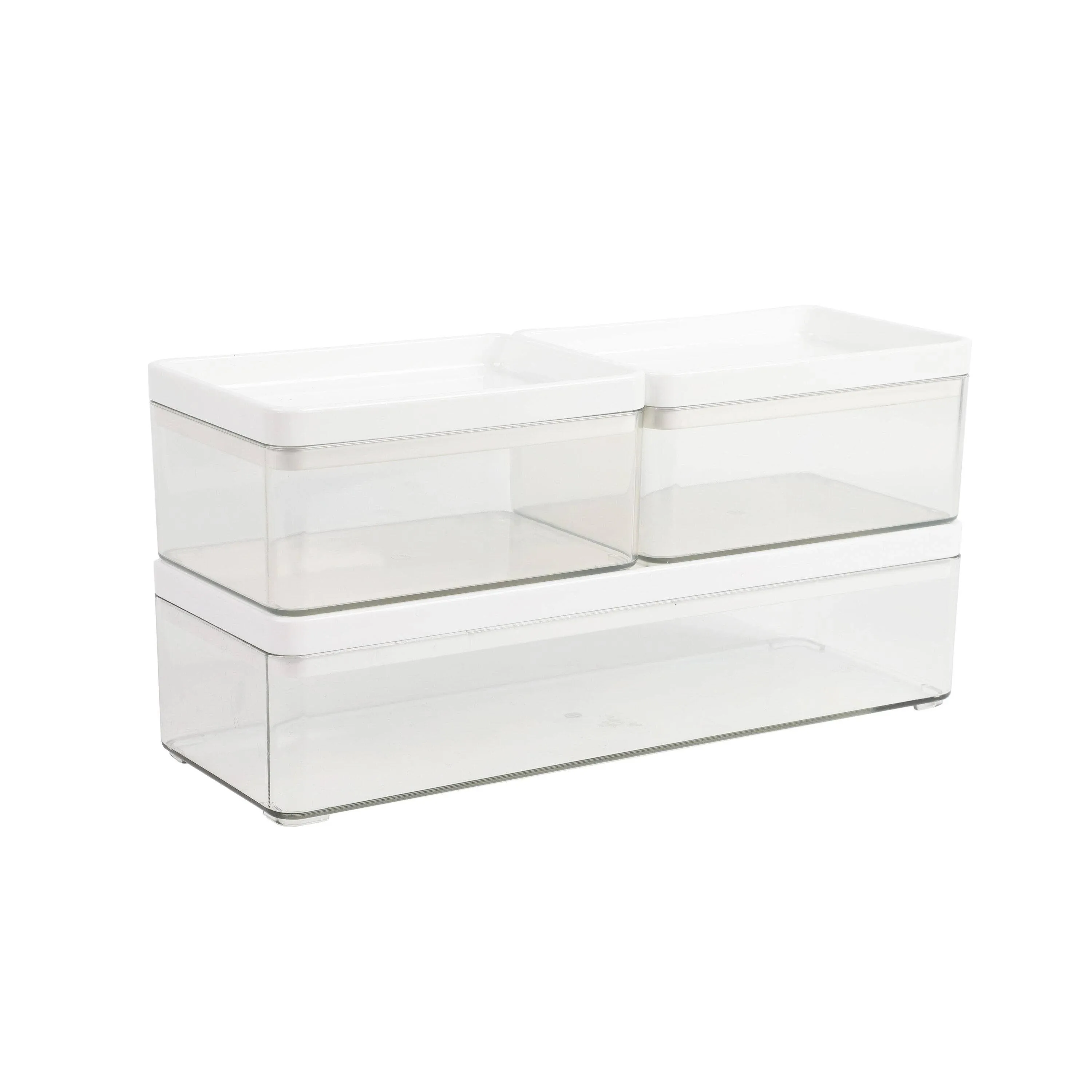 Martha Stewart Grady Clear Plastic Stackable Storage Boxes with White Plastic Lids, Set of 3