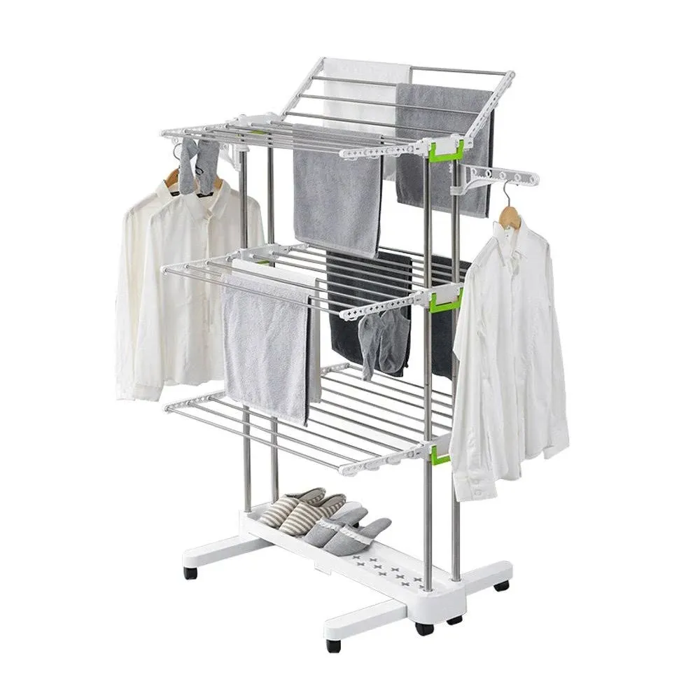 3-Tier Collapsible Clothes Drying Rack Casters Laundry Stainless Steel Hanging