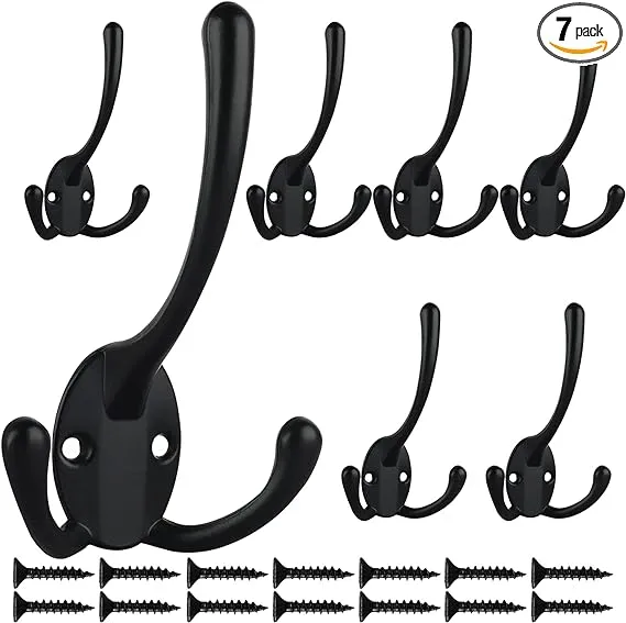 7 Pack Big Heavy Duty Triple Coat Hooks Wall Mounted with 14 Screws, Retro Double Utility Rustic Hooks for Thick Coat, Bag, Towel