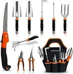 Qingfangli Garden Tool Set,10 Pcs Stainless Steel Heavy Duty Gardening Tool Set with Soft Rubberized Non-Slip Ergonomic Handle Storage Tote