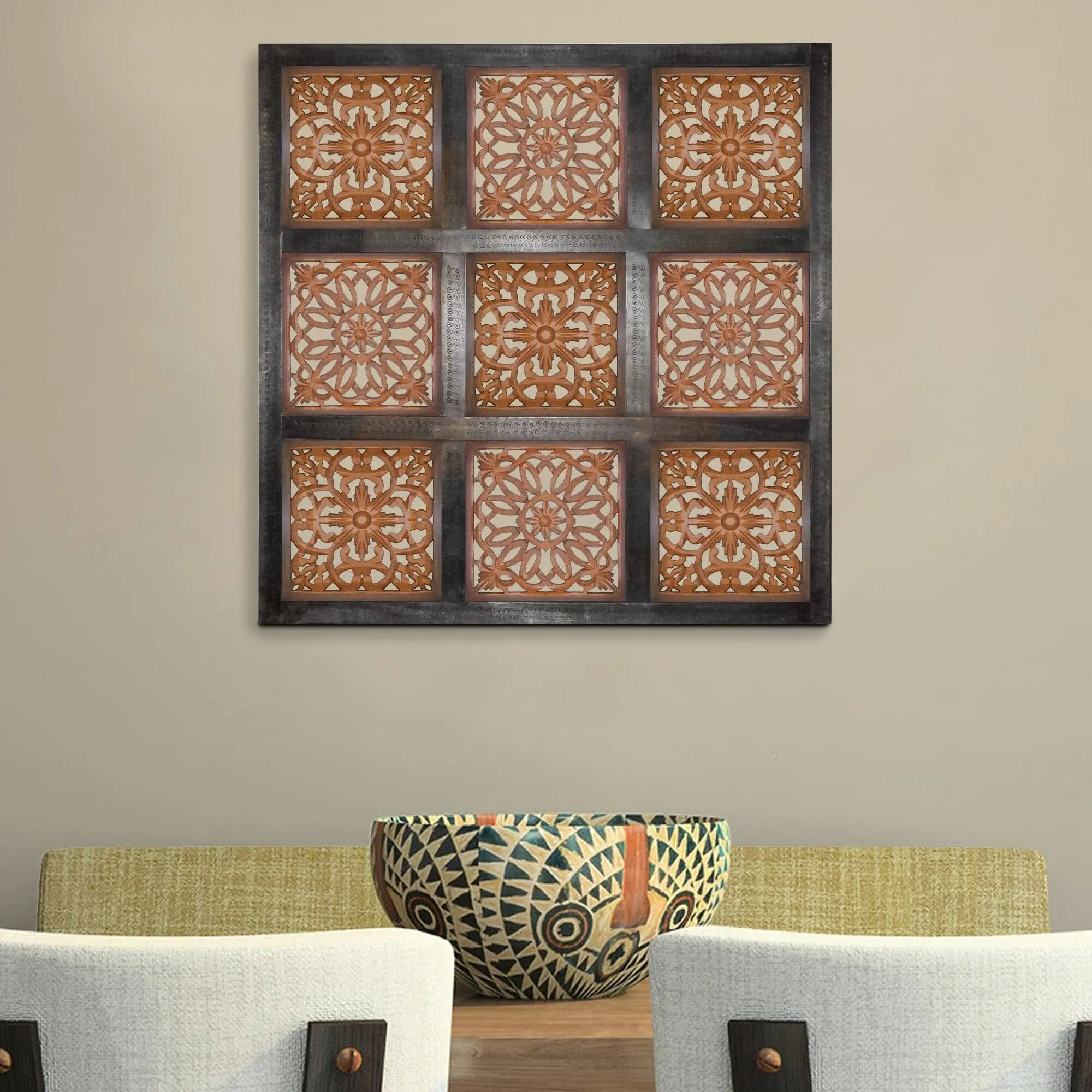 Decorative Mango Wood Wall Panel With Cutout Flower Pattern, Brown By Benzara