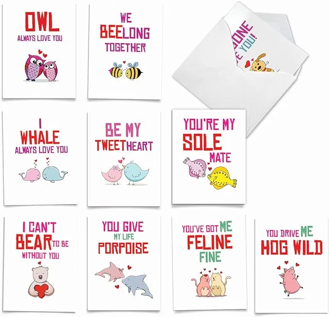 10 Assorted Valentine&#39;s Day Notecards  Set 4 x 5.12 Inch w/ Envelopes (10 Designs, 1 Each) Loving Puns Gone Wild, For Him For Her