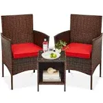 3-Piece Outdoor Wicker Conversation Patio Bistro Set, w/ 2-Chairs, Table, Cushions - Brown/Red