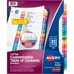 Customizable TOC Ready Index Multicolor Tab Dividers, 31-Tab, 1 to 31, 11 x 8.5, White, Traditional Color Tabs, 1 Set