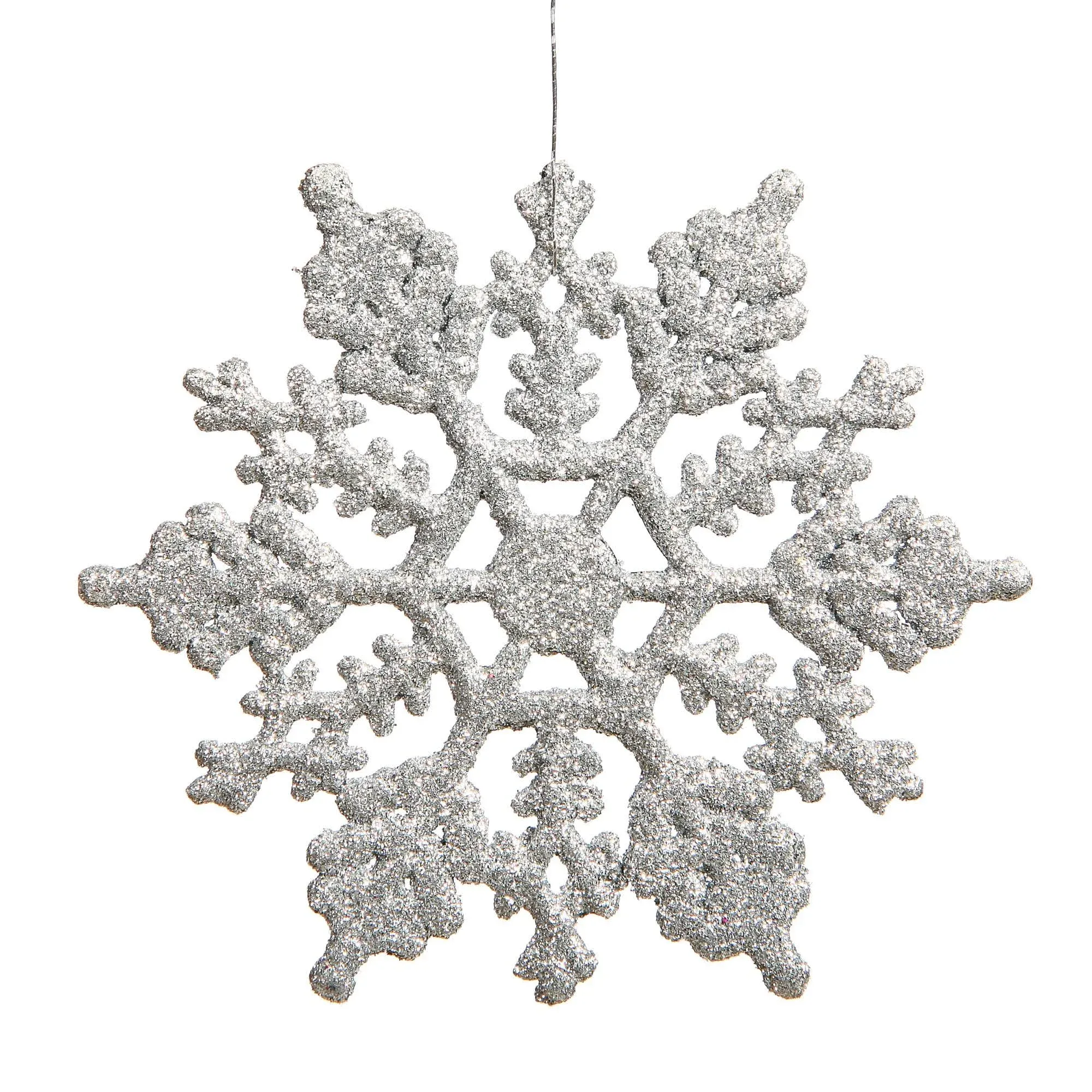 Vickerman 4" Silver Glitter Snowflake Ornament Set - Sparkly Shatterproof Snowflakes with Matching Glitter Accents and Nylon Hanging String (24 Snowflakes per Box)