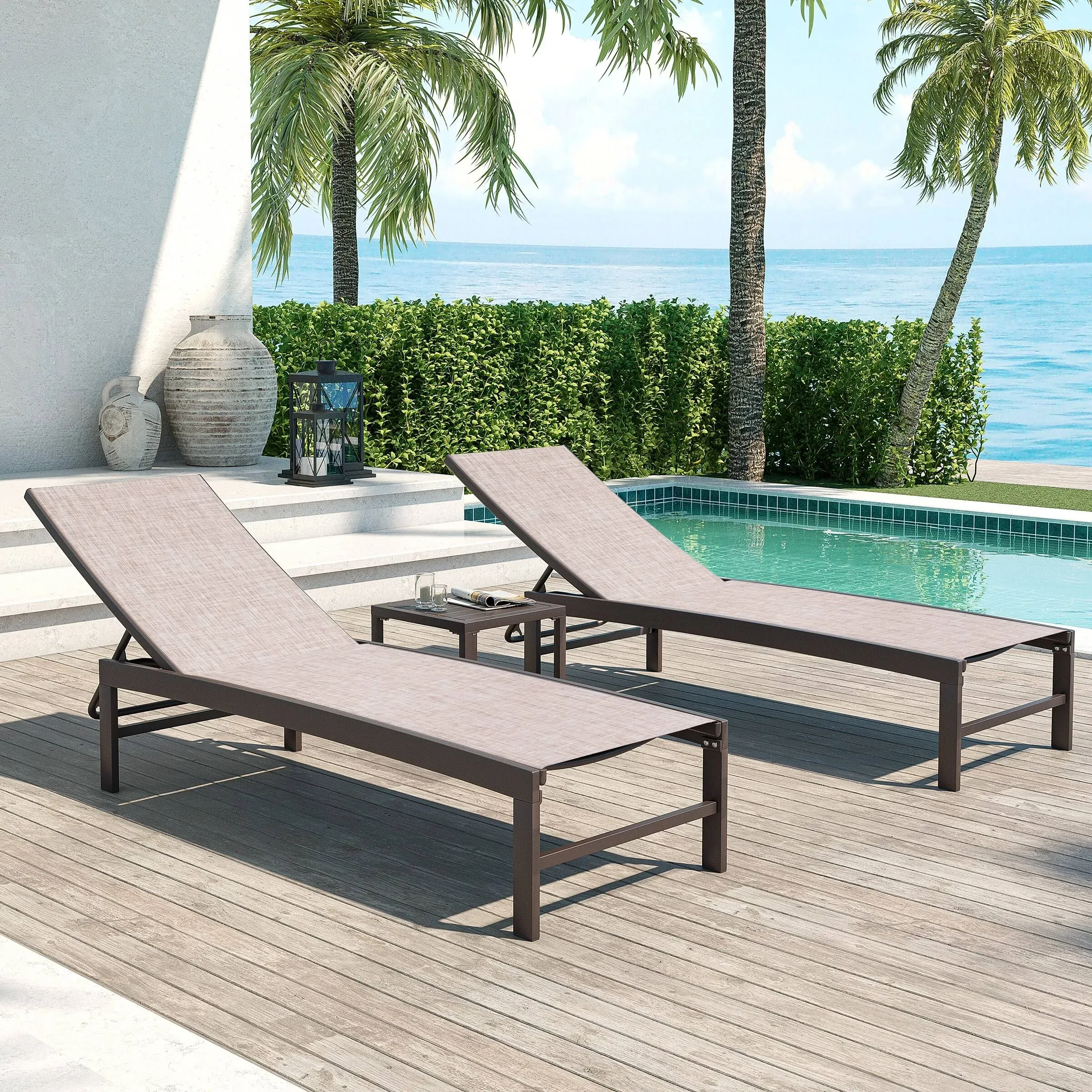 Outdoor Aluminum Mesh Chaise Lounge Chairs and Side Table,