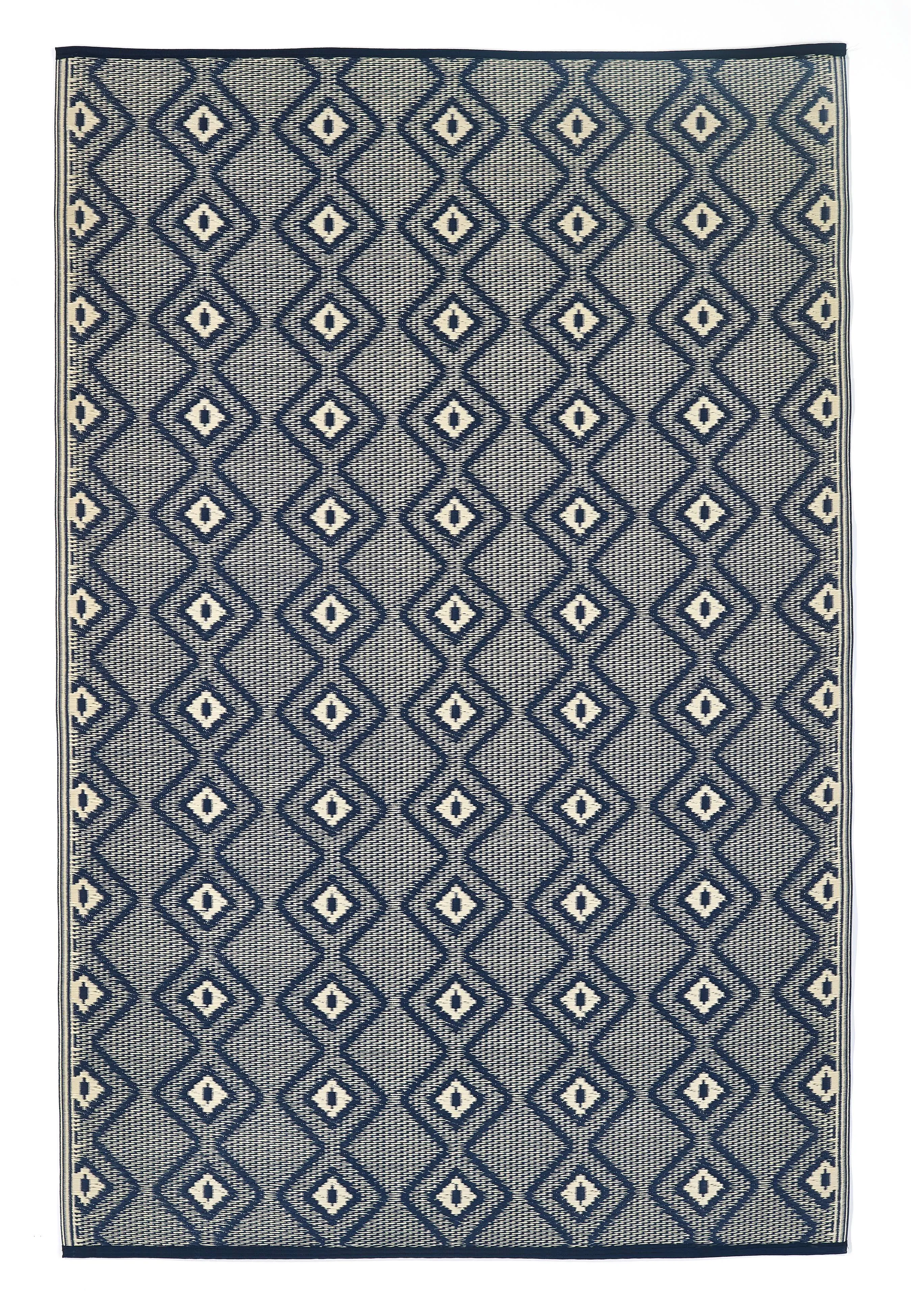 Fab Habitat Outdoor Rug - Waterproof, Fade Resistant, Crease-Free - Premium Recycled Plastic - Boho Geometric Diamond - Patio, Porch, Deck, Balcony - Rabat - Blue & Cream - 5 x 8 ft