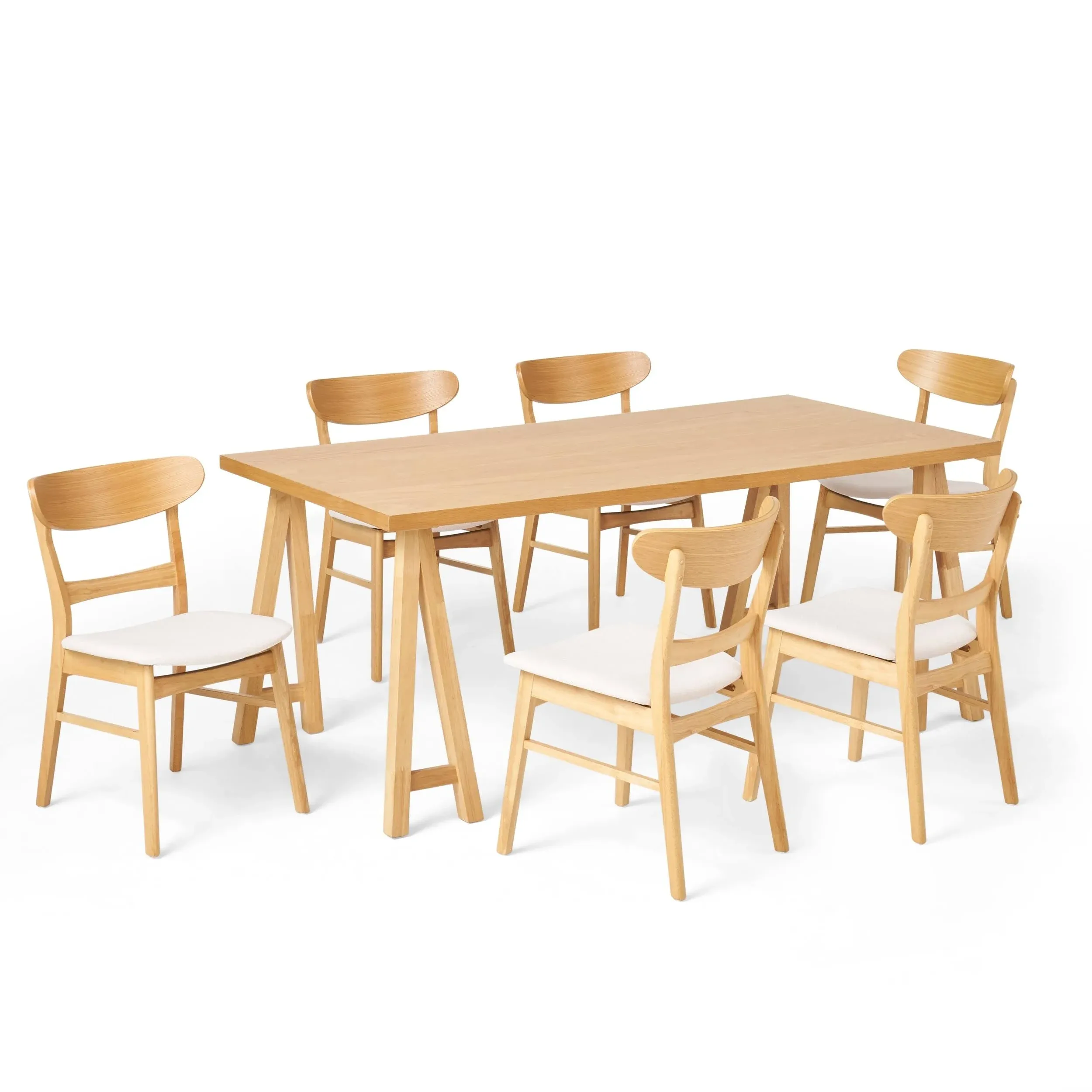 Christopher Knight Home Tamara Mid-Century Modern 7 Piece Dining Set, Natural Oak + Light Beige