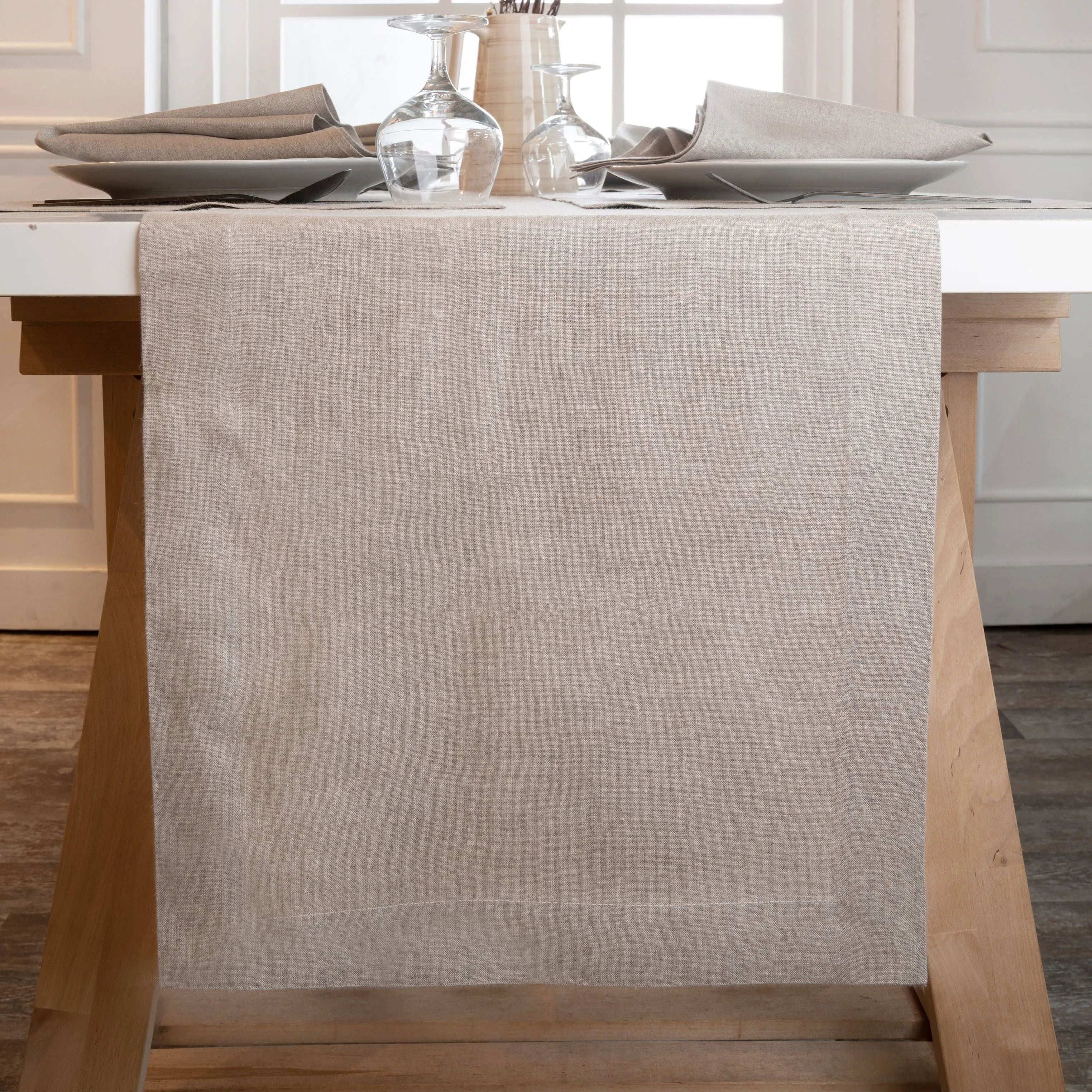 Vintage Natural Linen Table Runner - Hemmed