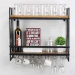 MBQQ Rustic Wall Mounted Wine Racks with 6 Stem Glass Holder,23.6in Industrial Metal Hanging Wine Rack,2-Tiers Wood Shelf Floating Shelves,Home Room Living Room Kitchen Decor Display Rack