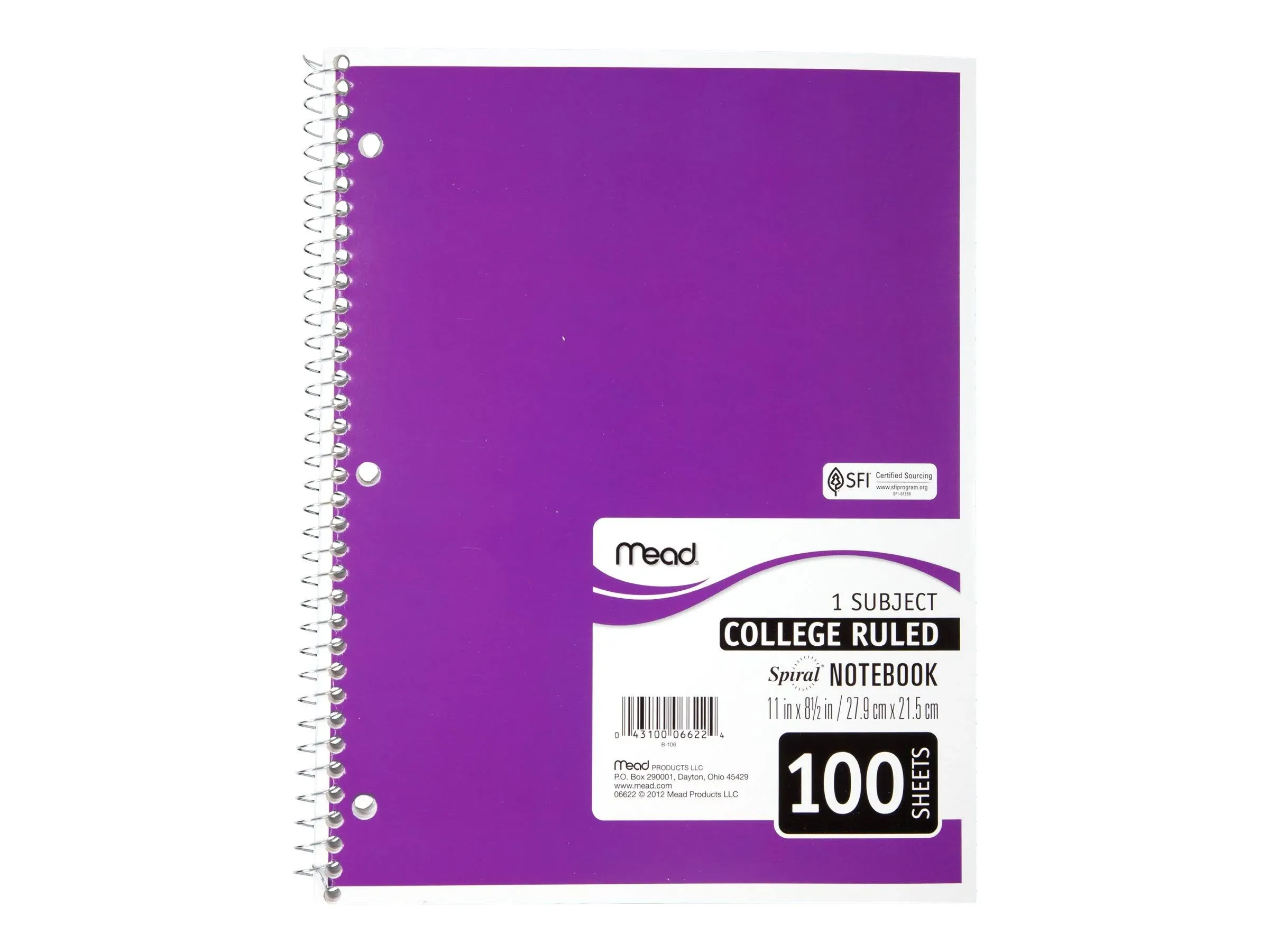 Mead Spiral - 1 Subject Notebook - Spiral-Bound - 8.5 in x 11 in - 100 Sheets / 200 Pages - White Paper - College - 3 Holes - Available in Different Colors - DuraPress