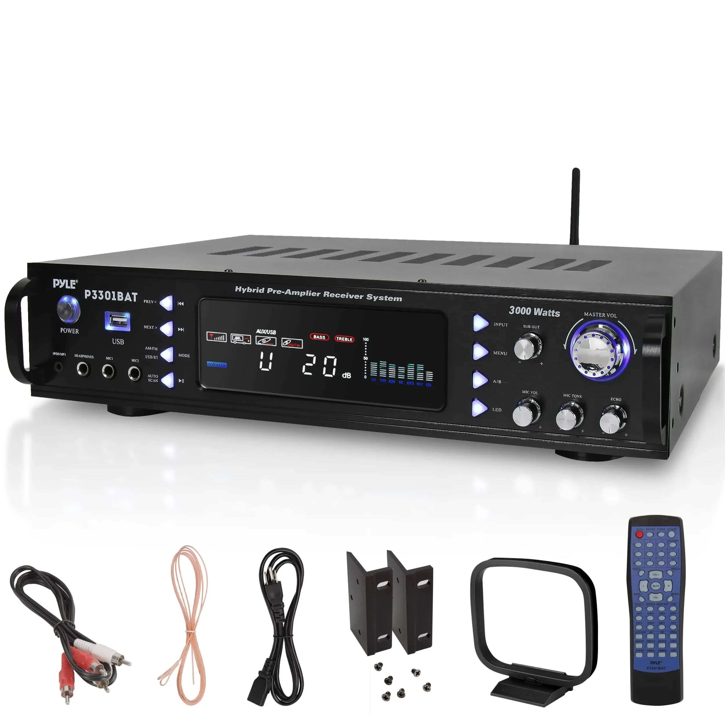 Pyle 3000 Watt Wireless Multi Channel Bluetooth Hybrid Amplifier Receiver, Black