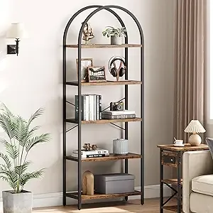 IDEALHOUSE Bookshelf 5 Tier Bookcase Arched Display Racks Tall Standing Bookshelves Metal Frame Storage Rack Shelf