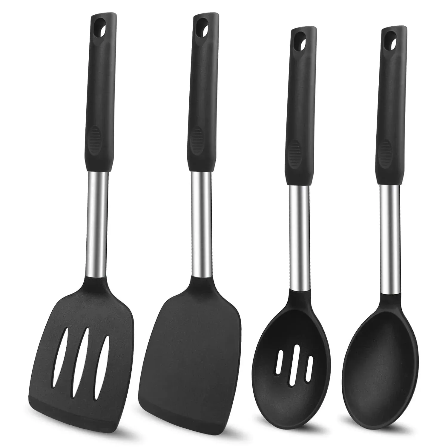 Pack of 4 Large Silicone Cooking Spatulas and Spoons, Slotted and Solid Stainless Steel Cooking Utensils Set, Non-stick Heat Resistant Kitchen for Baking, Fried, Stir-Fry, Mixing, Serving (Black)