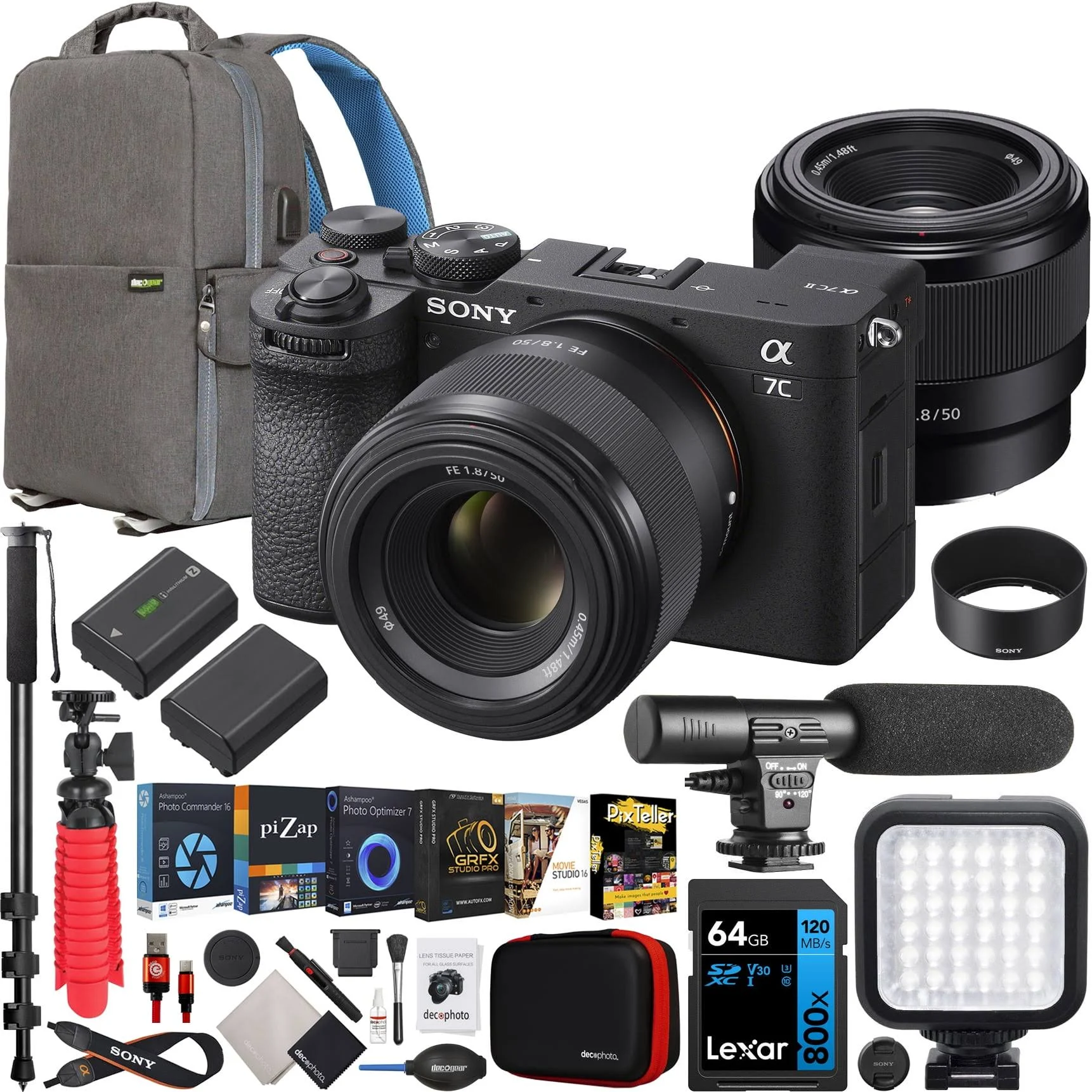 Sony a7C II Full Frame Mirrorless Camera Body + 50mm F1.8 Lens Ilce-7cm2/b Black + SEL50F18F Bundle with Deco Gear Photography Backpack + Extra