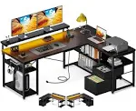 ODK L Shaped Gaming Desk with File Drawers, Reversible Computer Desk with Power Outlets & LED Lights, Home Office Desk with Storage Shelves, 53 inch