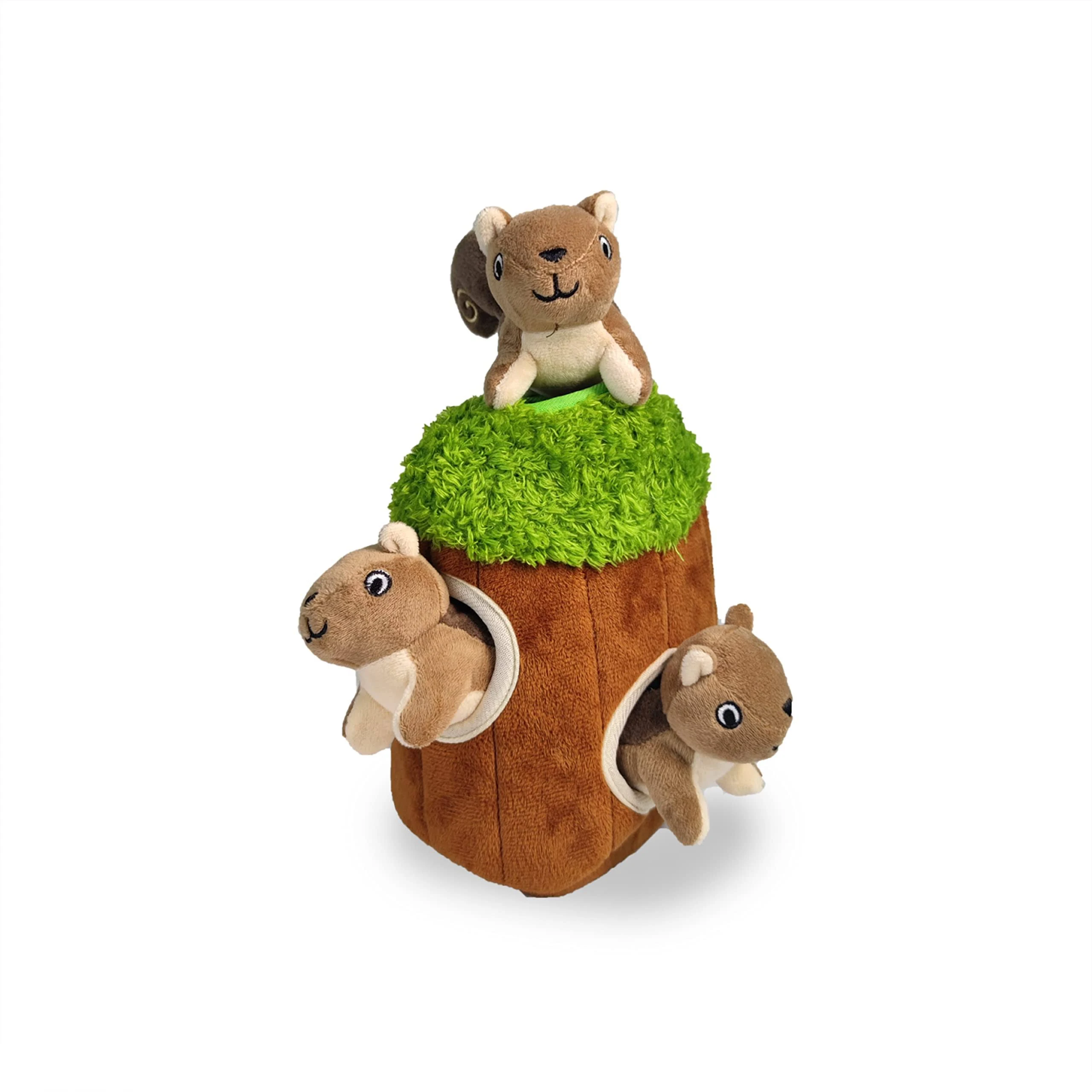 Glow Pups Hide and Seek Squirrel in A Tree Dog Toy for Small and Medium Size Dogs, Plush Squirrel Dog Toy with Squeaker, Interactive Burrow Dog Toy