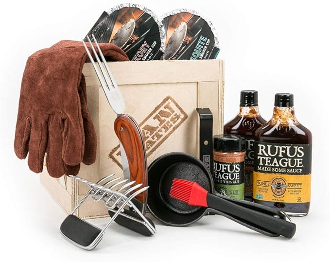 Man Crates Pit Master Barbecue Crate – The Ultimate BBQ Gift for Men – Includes Meat Claws, Barbecue Rub, Sauces, Leather Gloves & More – Ships in A Sealed Wooden Crate with A Laser-Etched Crowbar