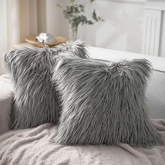 Phantoscope Pack of 2 Faux Fur Solid Throw Decorative Pillow Cover Cushion Covers Luxury Soft Decorative Pillowcase Fuzzy Pillow Covers for Bed/Couch,Gray 18 x 18 Inches