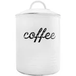 AuldHome Enamelware White Coffee Canister; Rustic Distressed Style Tea Storage for Kitchen