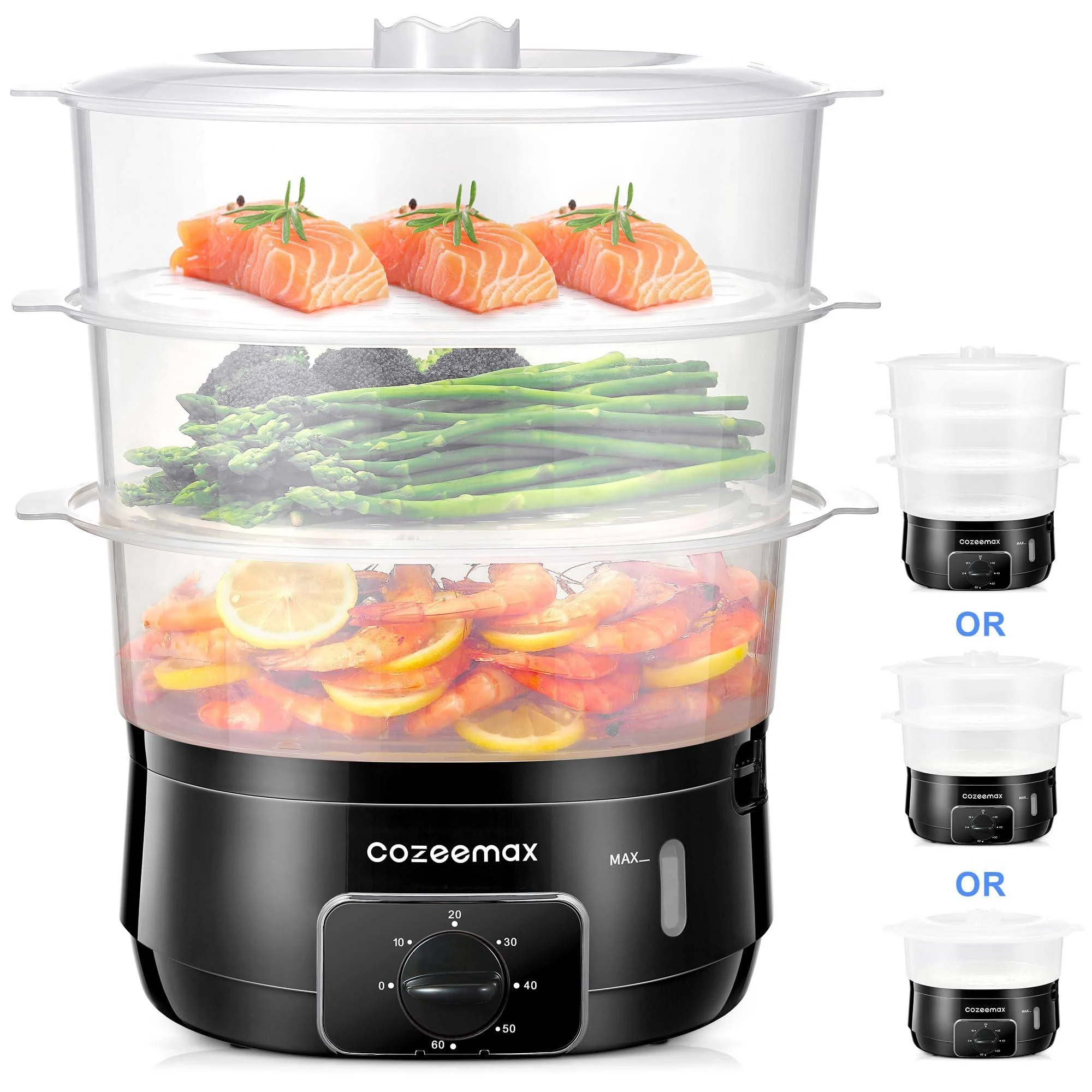 Cozeemax 13.7QT Electric Food Steamer for Cooking, 3 Tier Vegetable Steamer for Fast Simultaneous Cooking, 60 Minute Timer, BPA Free Baskets, 800W