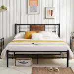 VECELO Full Size Bed Frame with Headboard, Heavy-Duty Platform with Steel Slats Support, No Box Spring Needed/Easy Assembly, Matte Black & Brown