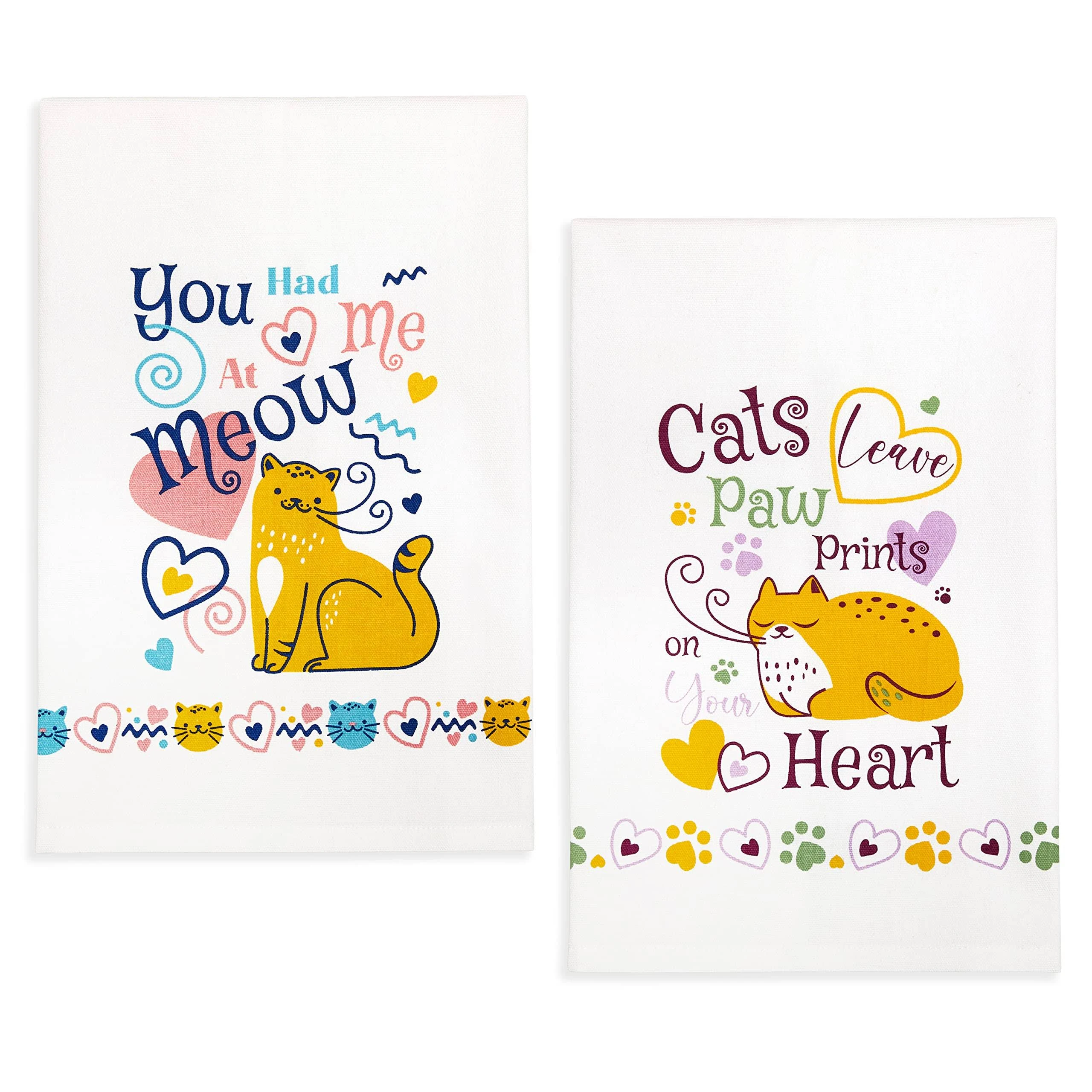 Set of 2 Cat Lover Kitchen Towel Set Cats Paw Prints Kitchen Dish Hand Towels