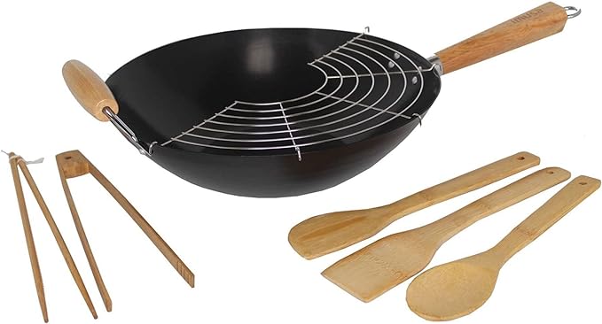 Imusa 7 Piece 14&#034; Coated Wok Set Carbon Steel Nonstick Surfaces