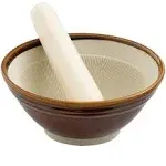 Japanese Mortar and Pestle - Suribachi Set - Wooden Pestle and Mortar for Crushing Sesame Seeds, Garlic and Herbs - Ceramic Mortar Bowl Herb Grinder