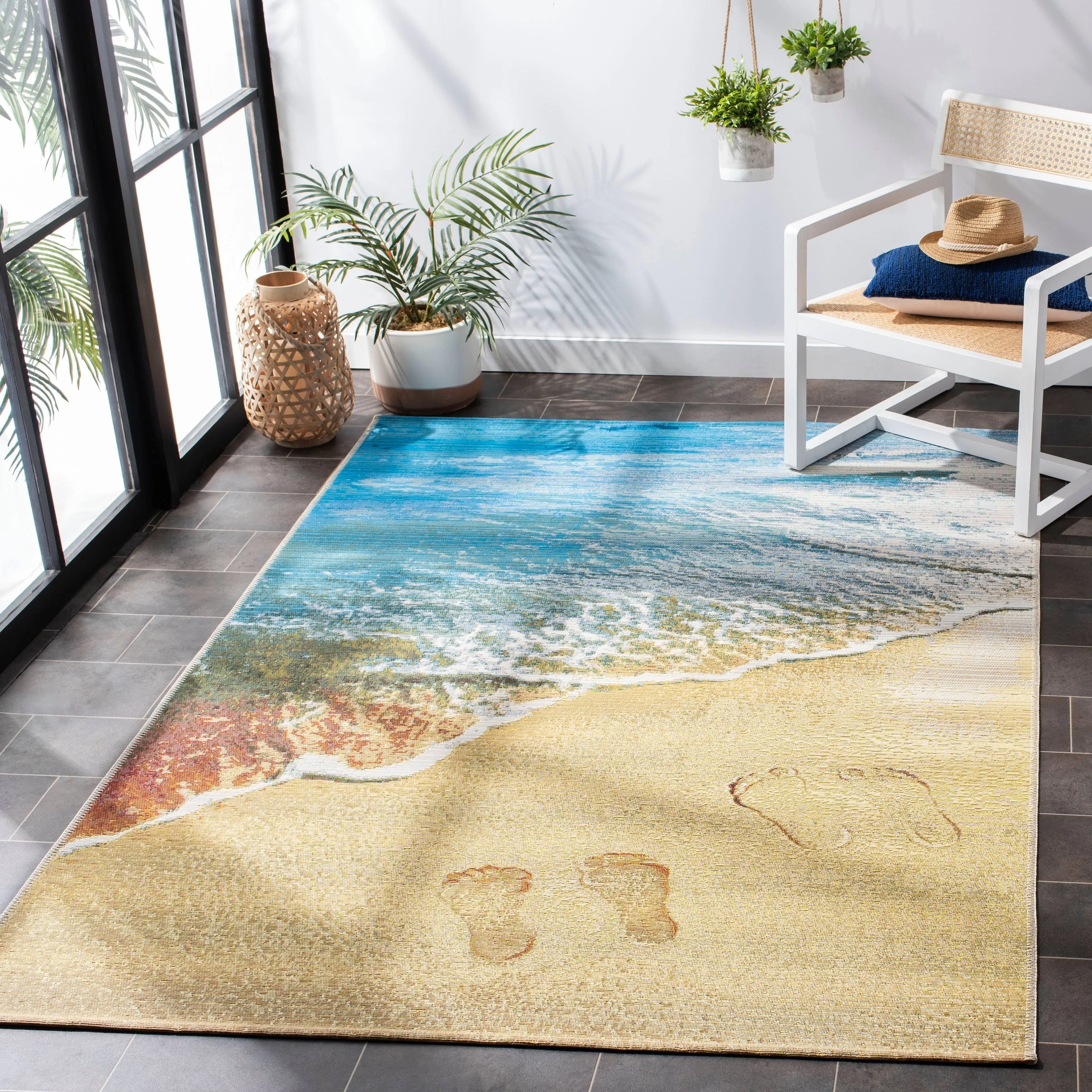 SAFAVIEH Barbados Collection 8' Square Gold / Blue BAR550A Tropical Beach Indoor/ Outdoor Easy Cleaning Patio Backyard Mudroom Area Rug