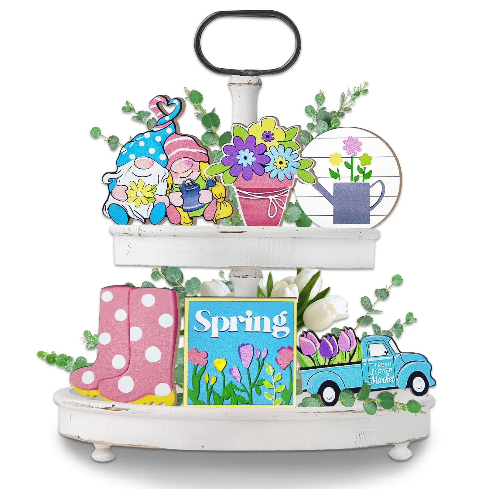 Uruney Spring Tiered Tray Decor, Hello Spring Decor Spring Gnome Tulip Truck Fresh Flower Market Wooden Table Signs, Rustic Farmhouse Spring