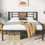 VECELO Full Size Bed Frame with Headboard, Heavy-Duty Platform with Steel Slats Support, No Box Spring Needed/Easy Assembly, Matte Black & Brown