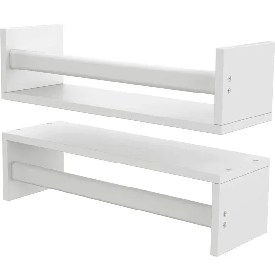 Ballucci Set of 2 Wall Mount Bookshelves, Wood Floating Wall Shelves with Towel Bar Rack for Nursery, Kitchen, Living Room, Bedroom, Bathroom, Office; 16 Inch - White