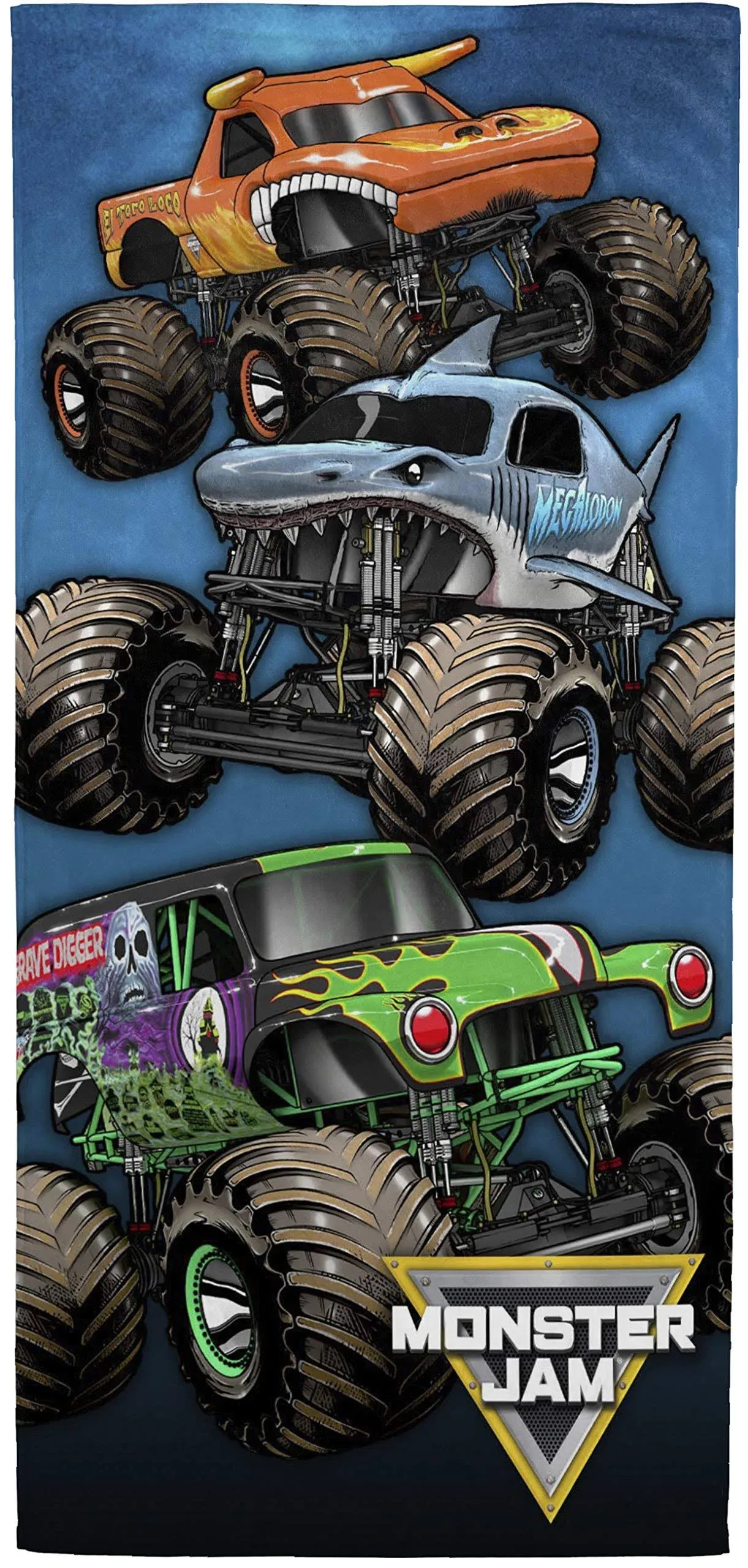 Jay Franco Monster Jam Team Up Kids Bath/Pool/Beach Towel - Features Grave Digger & Megalodon - Super Soft & Absorbent Cotton Towel, Measures 28 x 58 inches (Official Monster Jam Product)