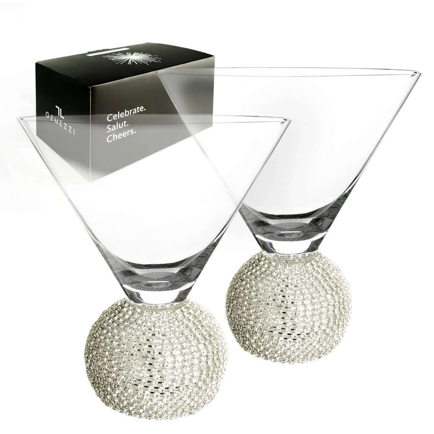 Stemless Martini Glasses Set of 2, Silver Stemless Modern Cocktail Glass, Crystal Ball Base in Elegant Box, Perfect Bar Accessories for Margarita, Manhattan, Cosmos, Mixed Drinks, and Desserts