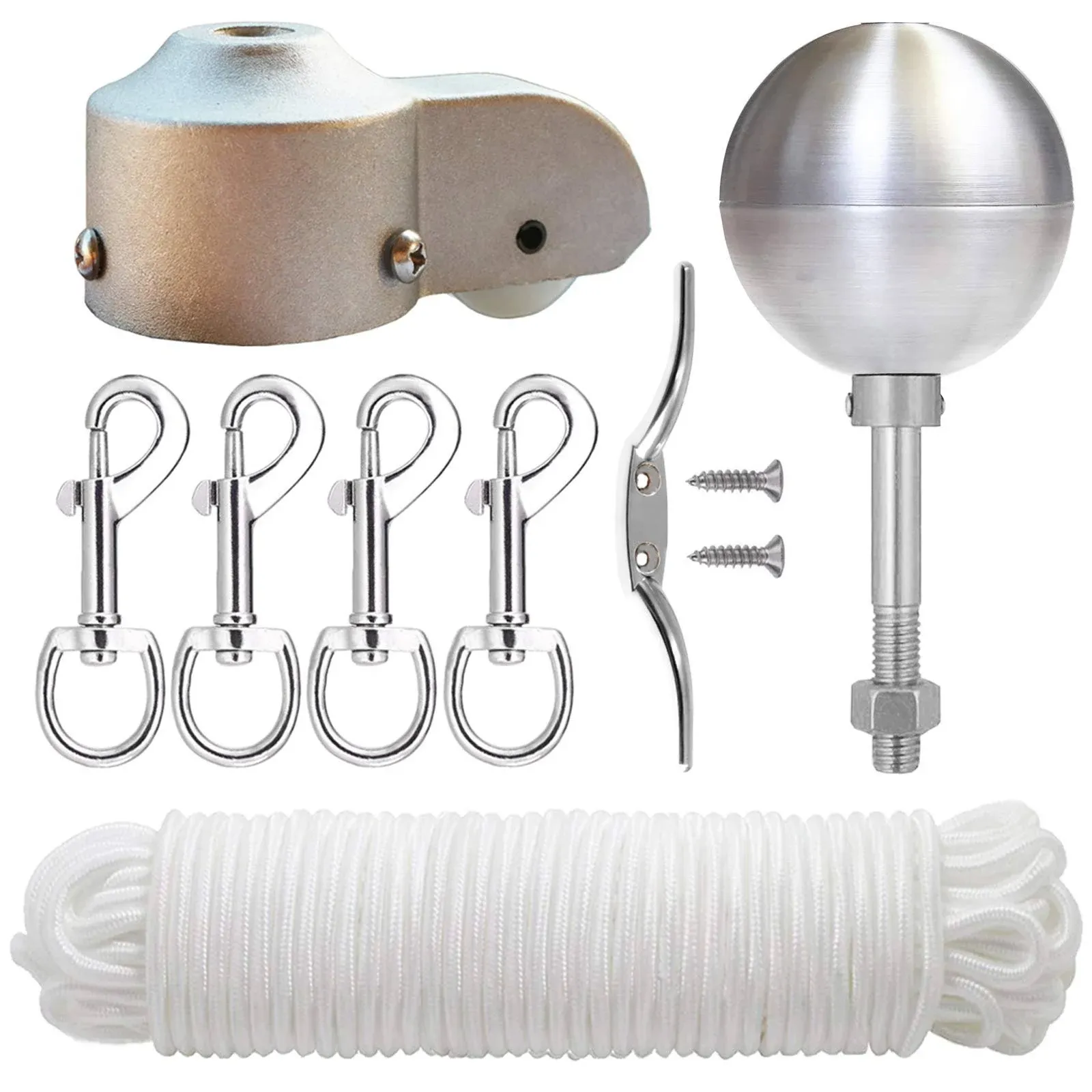 EKEV Flag Pole Hardware Parts Repair Kits - 3" Topper Silver Ball + 50 ft Halyard Rope + 6" Cleat Hook + 4 Flag Swivel Snap Hook