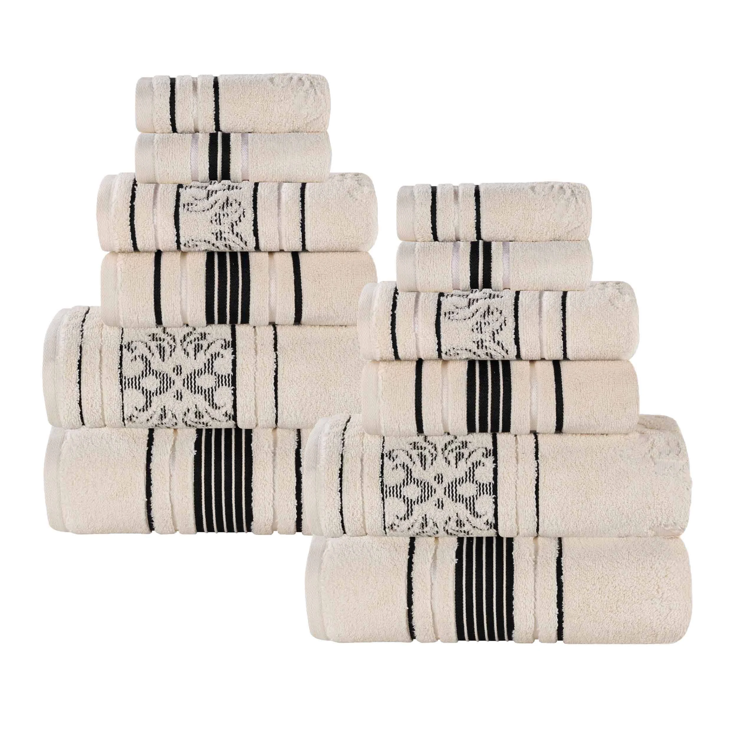 Superior Sadie Zero Twist Cotton Floral 12 Piece Towel Set, Ivory