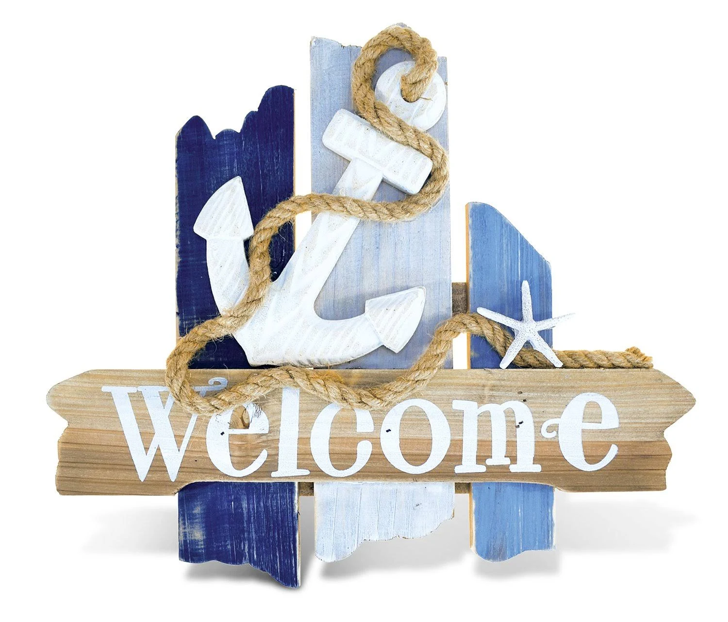 CoTa Global Atlantic Anchor Welcome Nautical Decor Sign - Nautical Themed Wood Sign, Beach Decor for Wall, Novelty White and Blue Starfish and Anchor Wooden Figure, Coastal Wall Decor Sign Accent