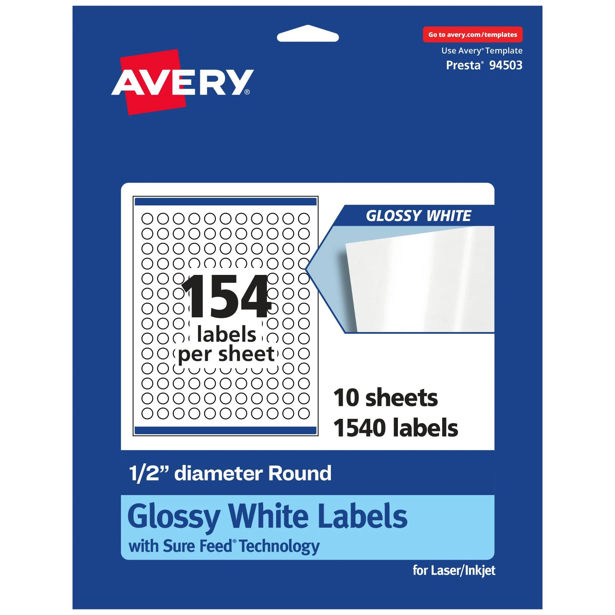 Avery Glossy White Round Sure Feed Labels