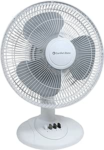 Comfort Zone 12 inch Table Fan with Adjustable Tilt, Wide Area Oscillation, Air Circulator Fan For Bedroom, 3 Speeds, Desktop Fan for Home Office, Quiet Bedroom Fan, Push Button Controls, White