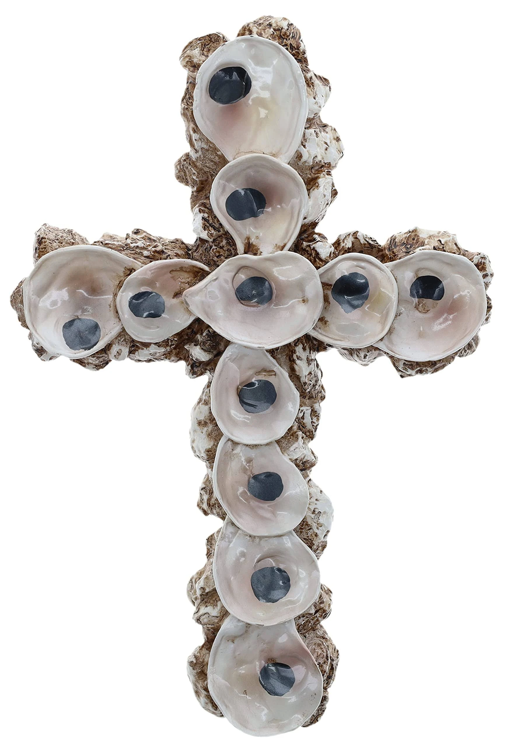 Top Brass Oyster Shell Wall Cross - Coastal Nautical Ocean Beach Decor Jesus Art Sculpture