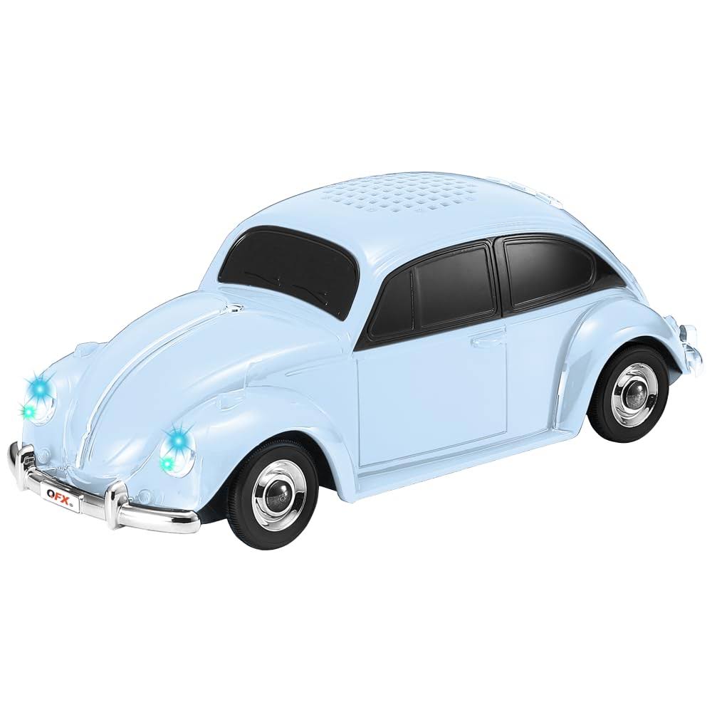 QFX Bluetooth 1960 Bug Retro Car Replica Speaker, 3-inch Speakers, Hands Free Link, Built-in Microphone, FM Radio and LED Party Lights, Blue - BT-1960-BLU