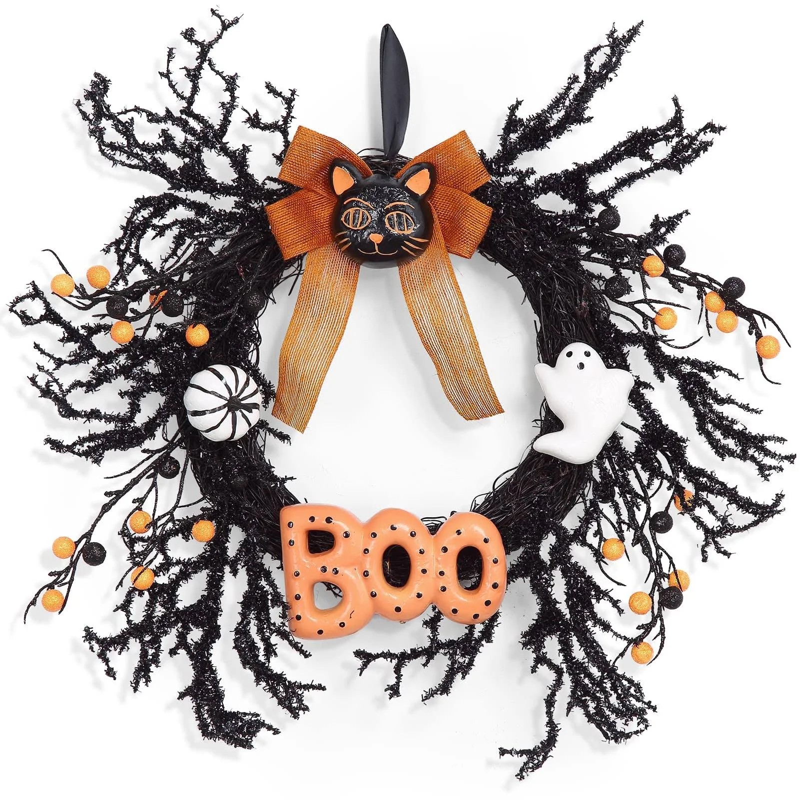 Adeeing Halloween Wreaths for Front Door, 18Inch Halloween Wreath with Black Cat Boo Sign White Pumpkin and Ghost for Indoor Outdoor Window Proch Halloween Decoration