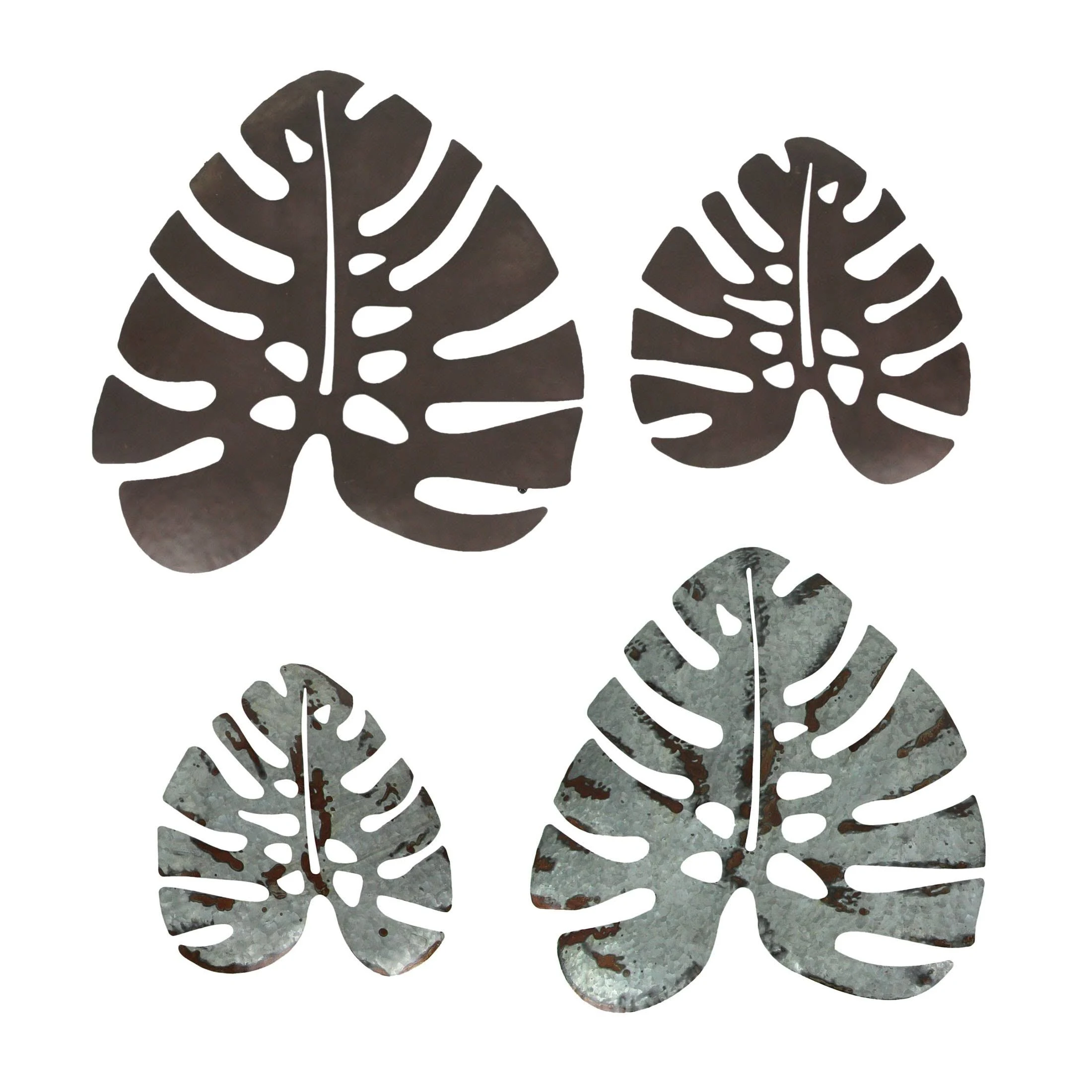 Set of 4 Rustic Metal Tropical Monstera Leaf Sculptured Wall Sculptures - Hanging Southern Farmhouse Decor 16, 24 Inches - Great for Kitchens and Bathrooms