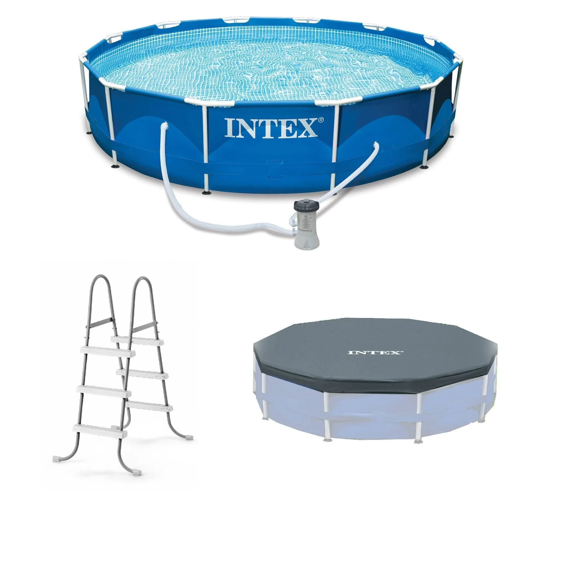 Intex | &quot;12&#039;x30&quot;&quot; Swimming Pool w/ Pump, Pool Ladder for 42&amp;#x201D; Wall, &amp; 12 Cover - Blue&quot; | Realry