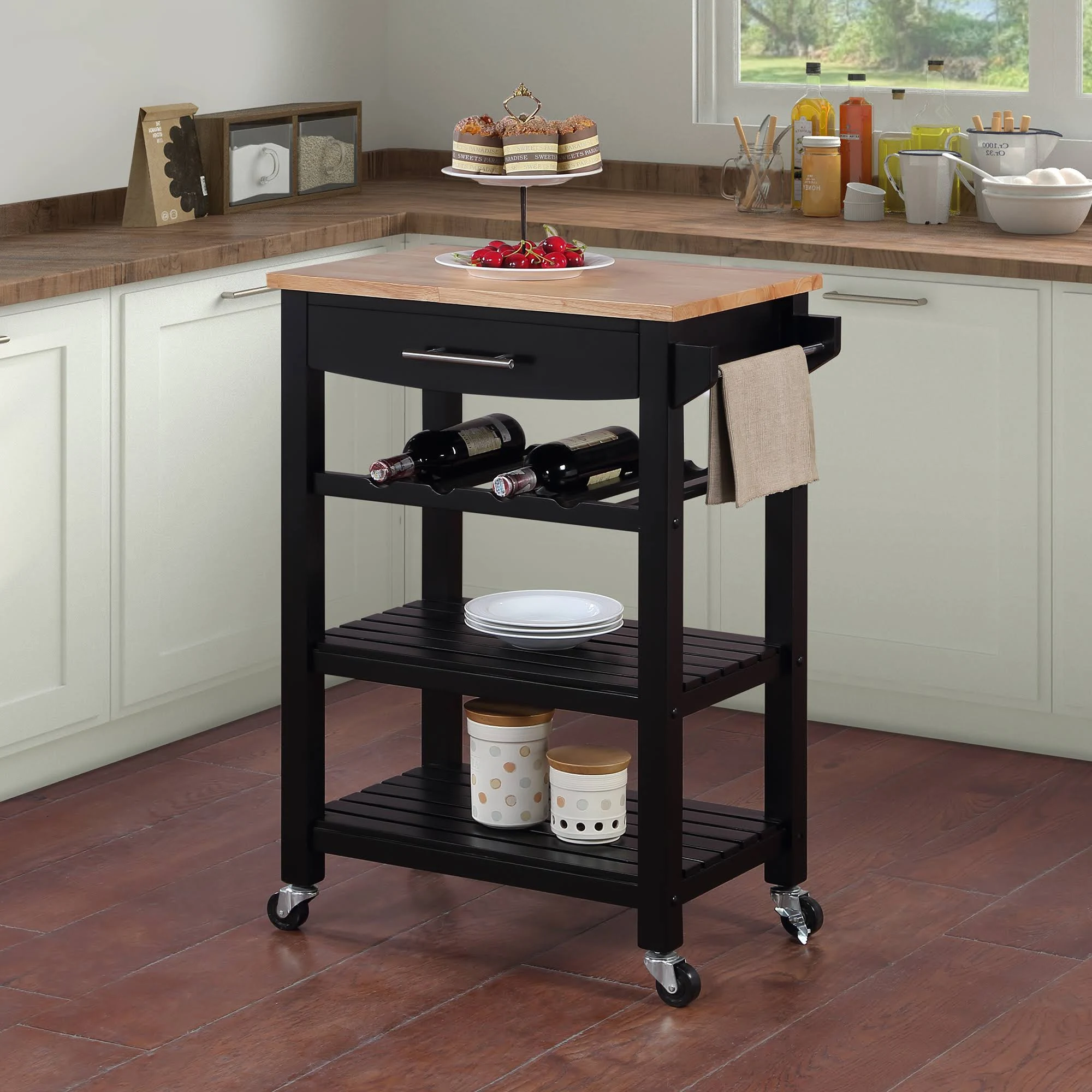 Convenience Concepts Ellaine 4 Tier Butcher Block Kitchen Cart with Drawer and Wine Rack