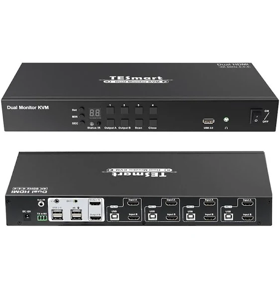 TESmart KVM Switch 4 Computers 2 Monitors, 4 Port HDMI KVM Switch Dual Monitor, EDID, UHD 4K@60Hz, Support Cascading for Quad Monitor through DCCI, Stereo Audio, Hotkey Switching, Monitor Switcher Box